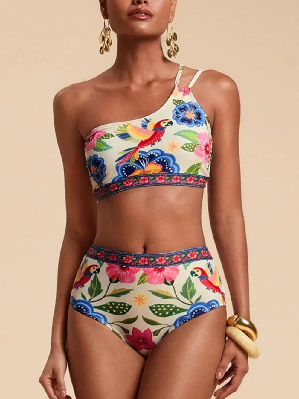 Multicolor Casual Women's Floral Print Asymmetric Neckline Two-Piece Bikini Set